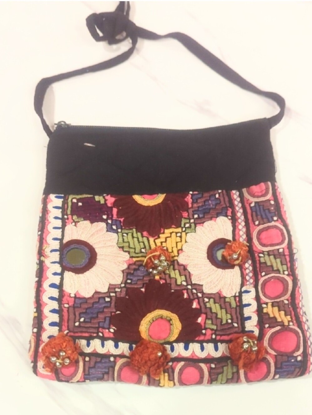 Vintage 1970s Handmade Embroidered Floral Crossbody Bag - Black Multi